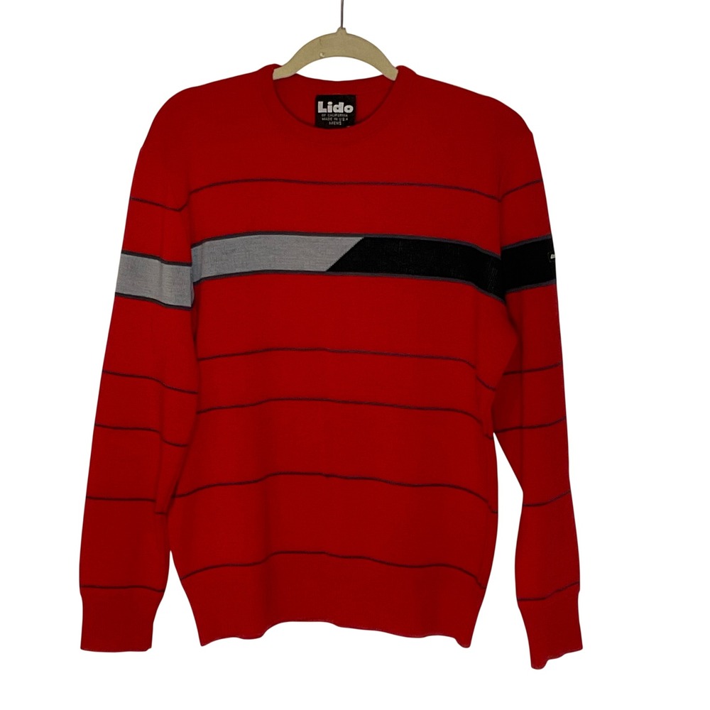 Vintage retro Lido of California men's crew ski sweater red striped 70s wool XL